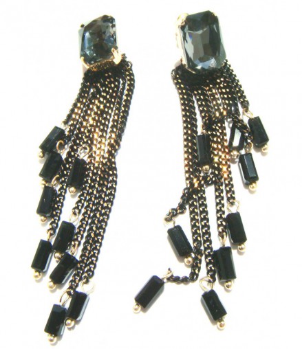 Boucles d'oreilles noires et dorées, strass noirs