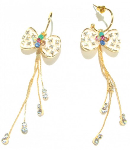 Boucles d'oreilles dorées n_ud blanc strass couleur