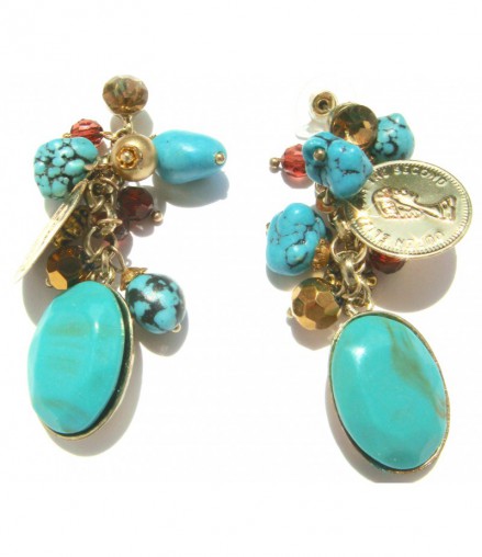 Boucles d'oreilles dorées, turquoise et strass