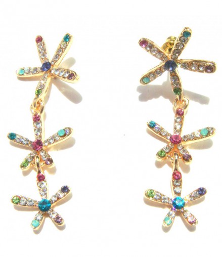 Boucles d'oreilles fleurs dorées et strass couleur