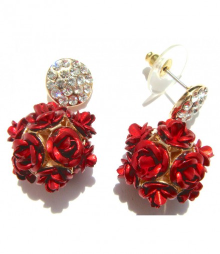 Boucles d'oreilles dorées strass, pendant roses rouges