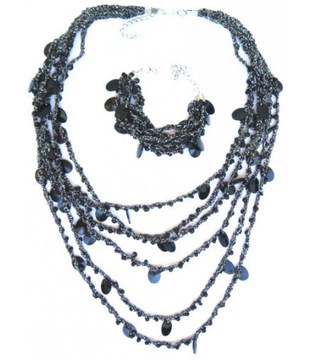 Collier et bracelet en maille et perles, anthracite