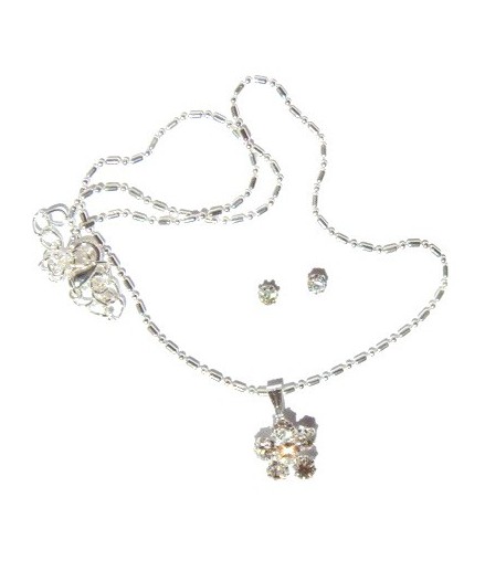 Pendentif fleur strass sur chaine et boucles d'oreilles strass