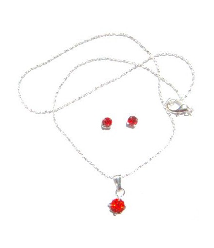 Pendentif sur chaine et boucles d'oreilles strass rouge