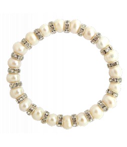 Bracelet élastique, veritables perles de culture d'eau douce blanches et strass