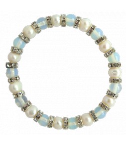 Bracelet élastique, veritables perles de culture d'eau douce blanches, perles de lune et strass