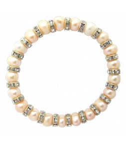 Bracelet élastique, veritables perles de culture d'eau douce rosées et strass