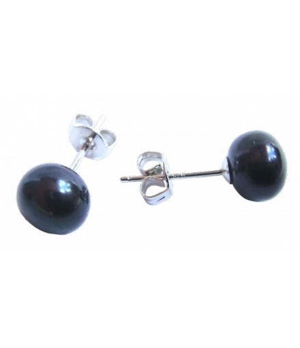 Boucles d'oreilles véritable perle de culture d'eau douce d'Asie noires montées sur argent