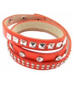 Bracelet orange 3 tours style cuir, clous et strass