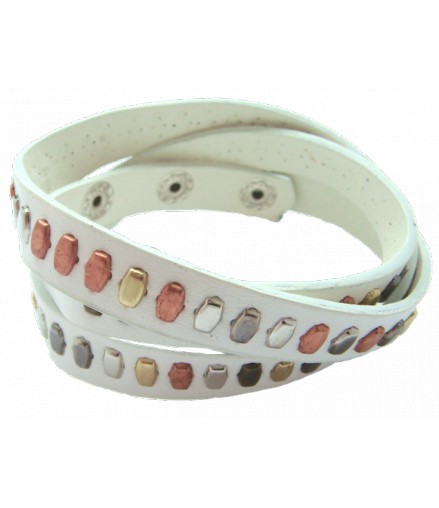 Bracelet blanc 3 tours style cuir et clous 3 couleurs