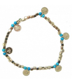 Bracelet élastique perles dorées carrées et turquoise