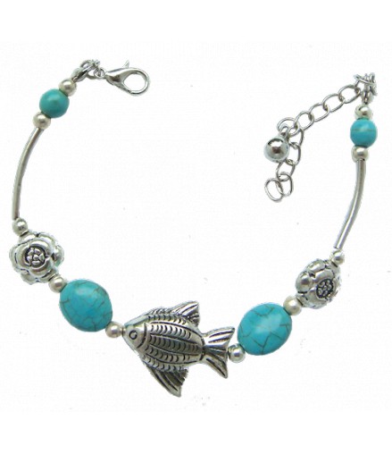 bracelet argenté turquoise et poisson