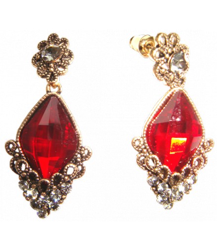 boucles d'oreilles fantaisie style ancien strass rouge