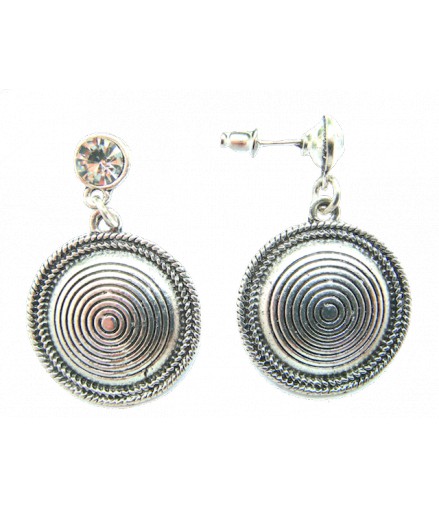 boucles d'oreilles fantaisie disque argenté et strass