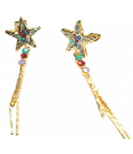 Boucles d'oreilles étoiles filantes, CLIPS dorés, strass couleur