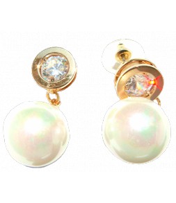 Boucles d'oreilles strass cerclé métal doré, pendant perle blanc nacré