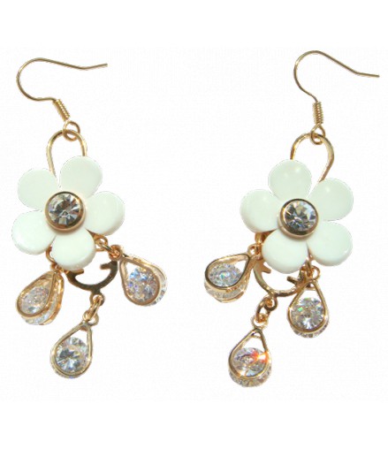 Boucles d'oreilles fleur blanche et strass