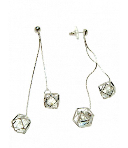 Boucles d'oreilles argentées, strass dans cage