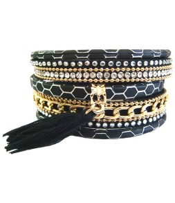 Bracelet manchette aimant noir et pompon