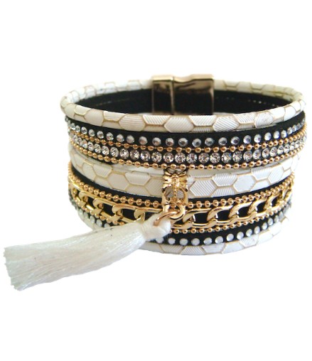 Bracelet manchette aimant blanc et pompon