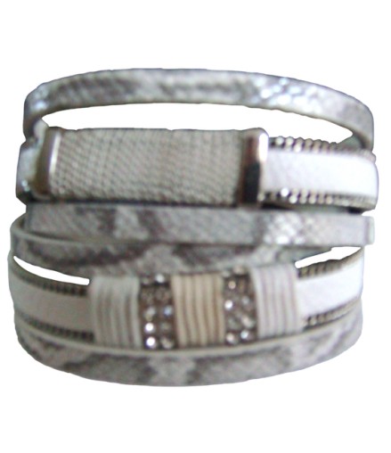 Bracelet manchette aimant double tour effet serpent blanc et gris argent